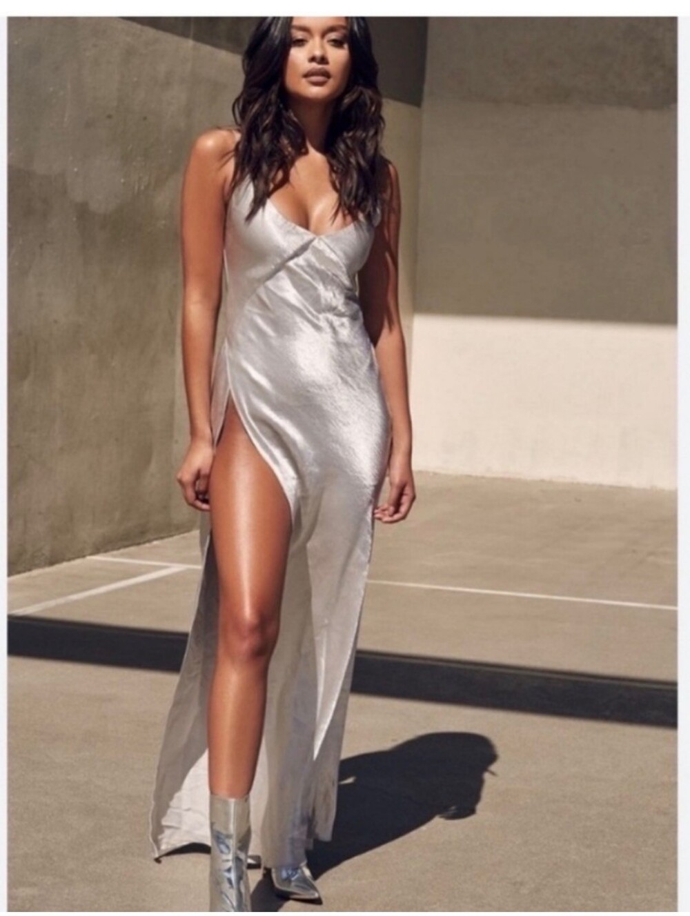 Silver Satin Maxi Slip Dress with High Slit